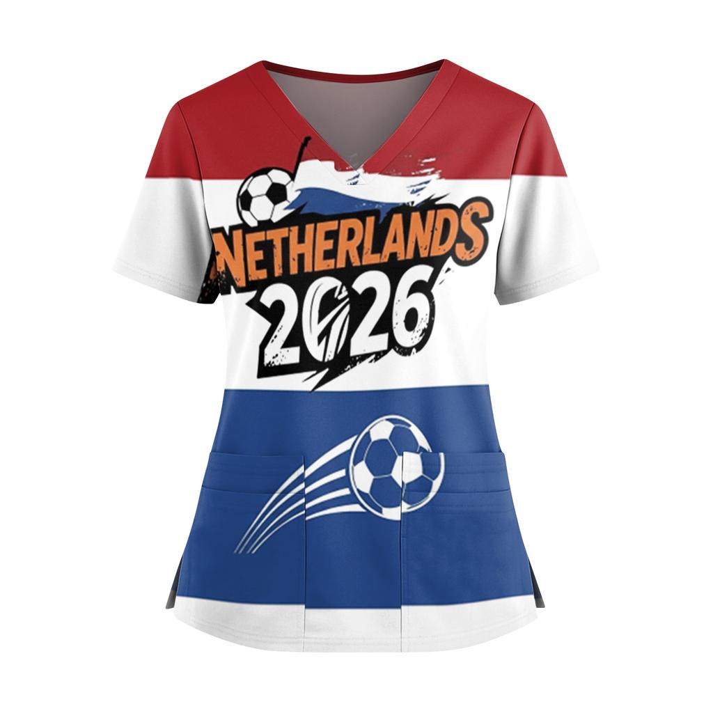 Women's Short Sleeve V-Neck Scrub Top with Pockets and Side Slits, Soccer Flag Print