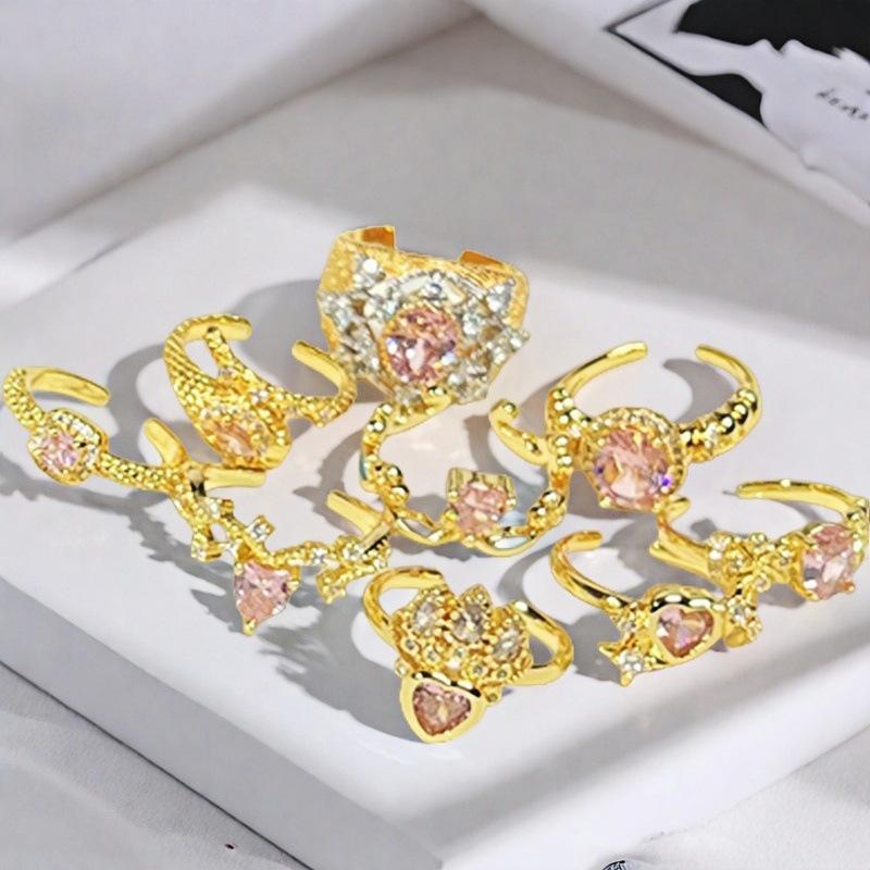Sweet Girl Heart Pink Love Zircon Crown Open Ring Niche Design Light Luxury High Sense Fashion Ring