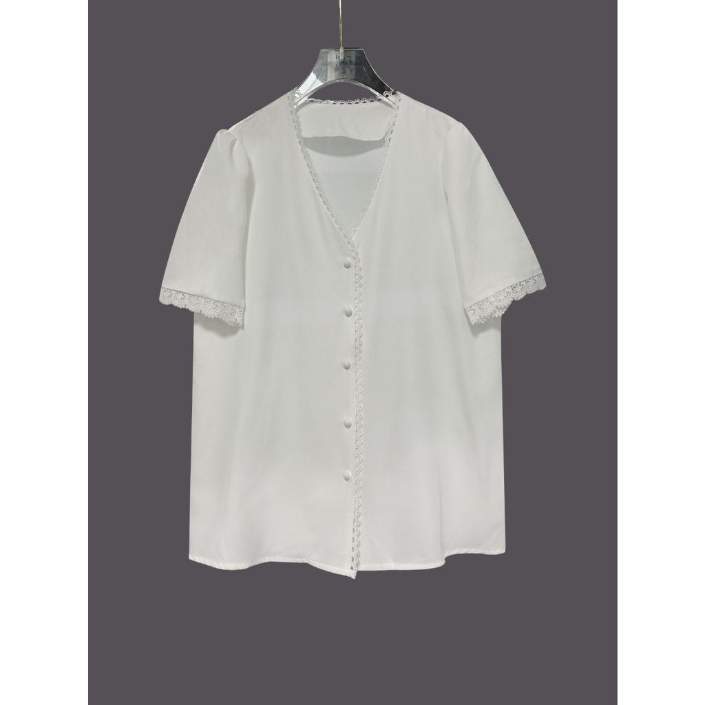 Summer Women's V-Neck Hollow Out Lace Trim Blouse European American Style Casual Shirt for Women