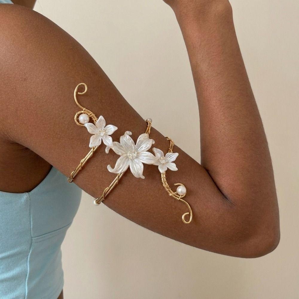Gold Color Metal Flower Cuff Bracelet Enamel Glaze Craft Open Arm Ring Beach Vacation