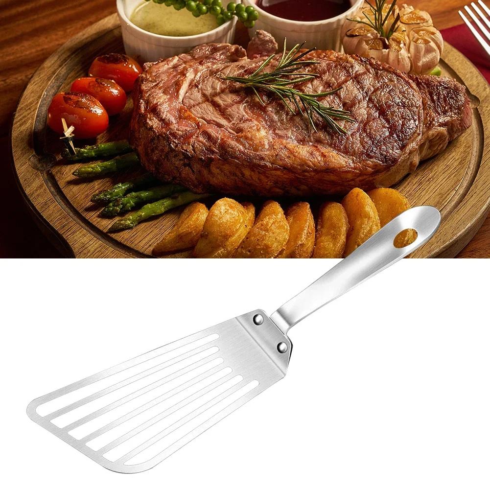 Fish Frying Spatula in Stainless Steel Oil Filtering Design for Cooking Meat and Fish Soft Grip Handle for Easy Use