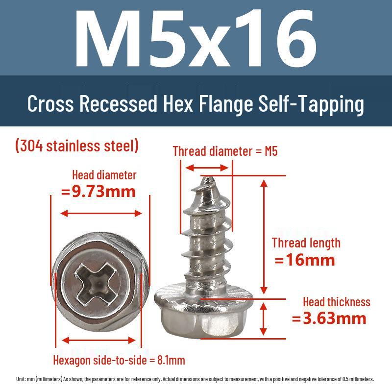 Yigu Stainless Steel Phillips Hex Head Self-Tapping Screws with Washer, Anti-Slip, Pointed Tip, M3-M6