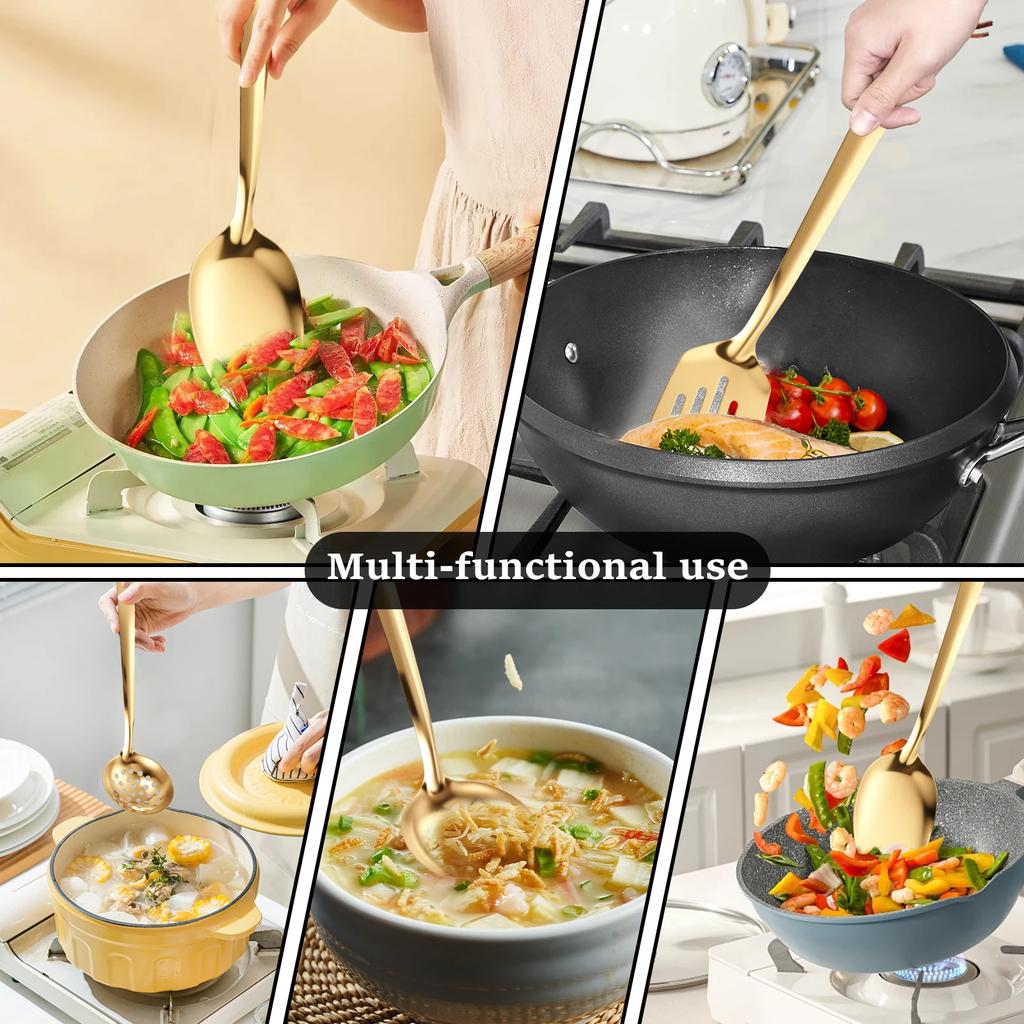 6-teiliges Edelstahl-Küchengeschirr-Set, Home Creative Koreanischer goldener Suppenlöffel, Schaumlöffel, Hot-Pot-Löffel, Küchenkoch-Bratwerkzeuge