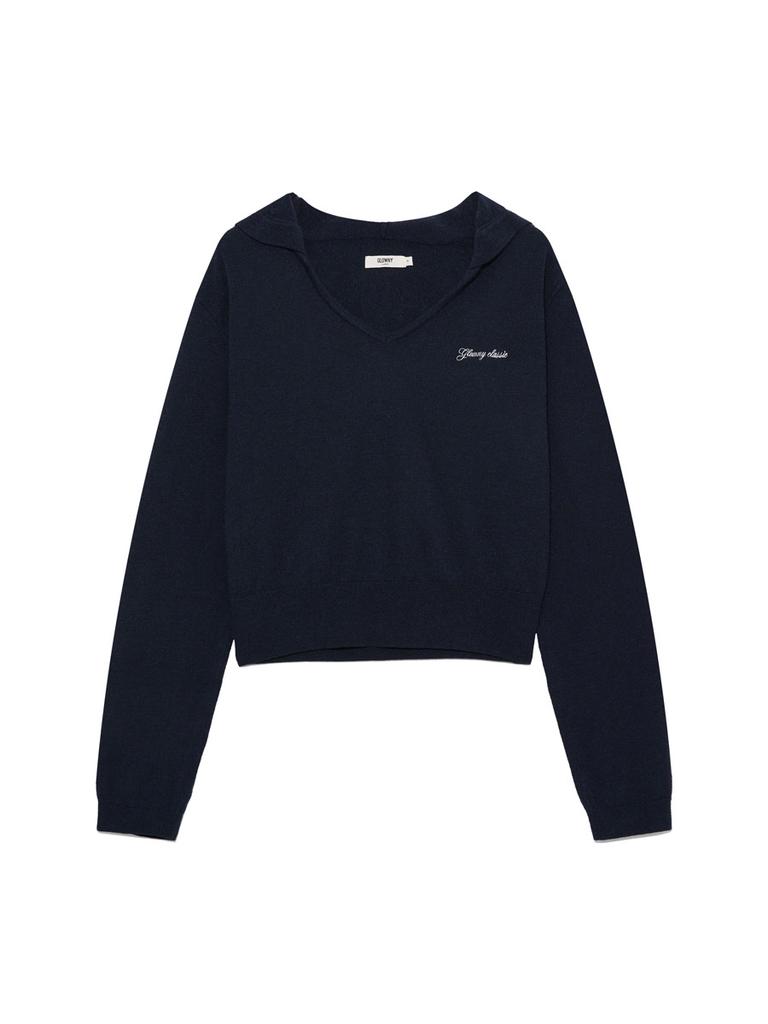 GLOWNY G Hug V-Neck Knit Hoodie (Navy)