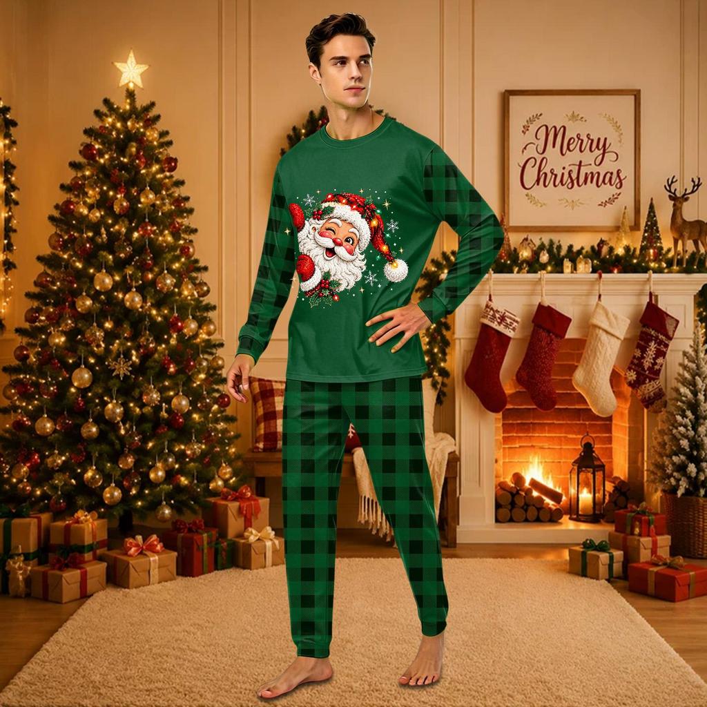 Christmas-print long-sleeve and long-pant matching family loungewear set