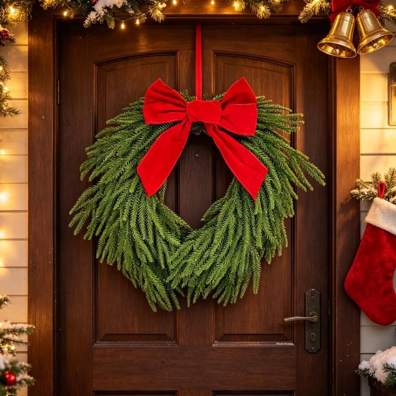 Christmas Bowknot Wreath for Door Entrances, 19.7Inch Plastic Silk-Like Fabric Wreath Hanging Decoration for Wall and Window