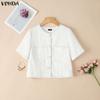 VONDA Elegant Women Short Sleeve Texture Hem Patchwork Buttons Casual Cropped Blouse Tops