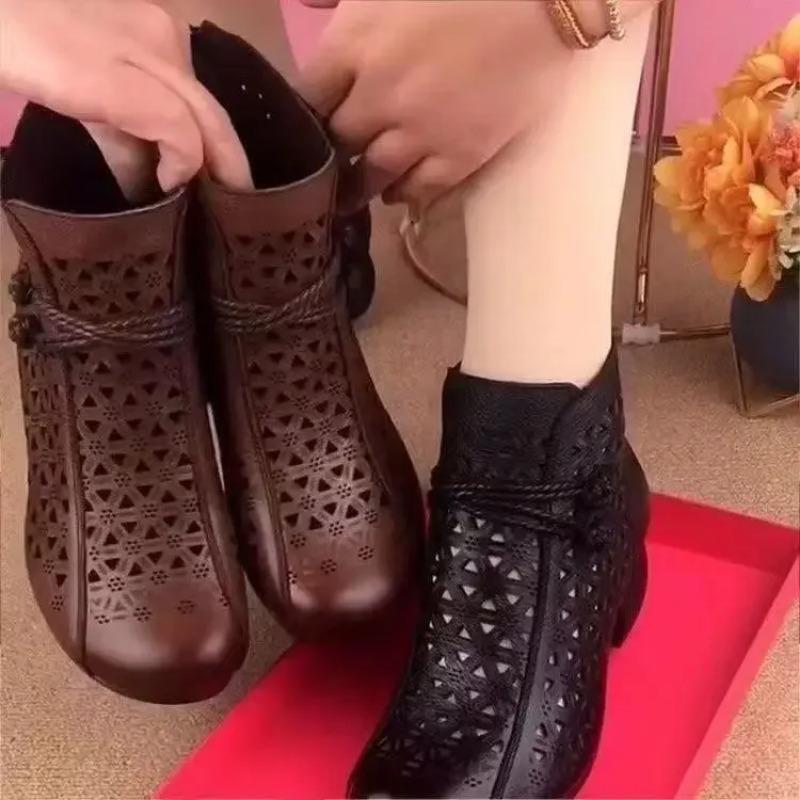 New Women's Fashion Hollow-Out Soft Sole Mid-Heel Ankle Boots, Retro Breathable Comfortable Shoes 2025