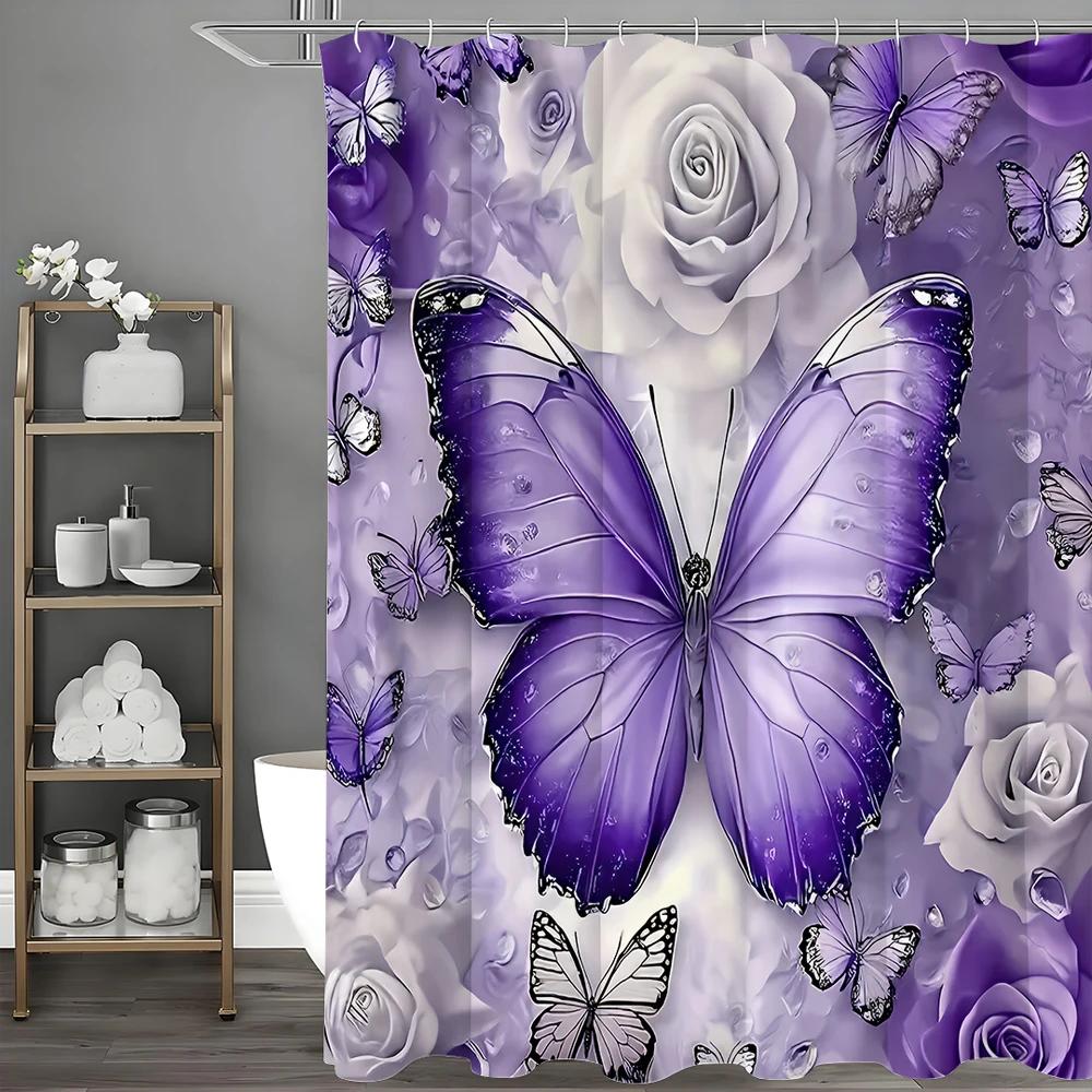 Purple Floral Butterfly Shower Curtain, Bathroom Decorative Shower Curtain, Waterproof Shower Curtain with Hooks