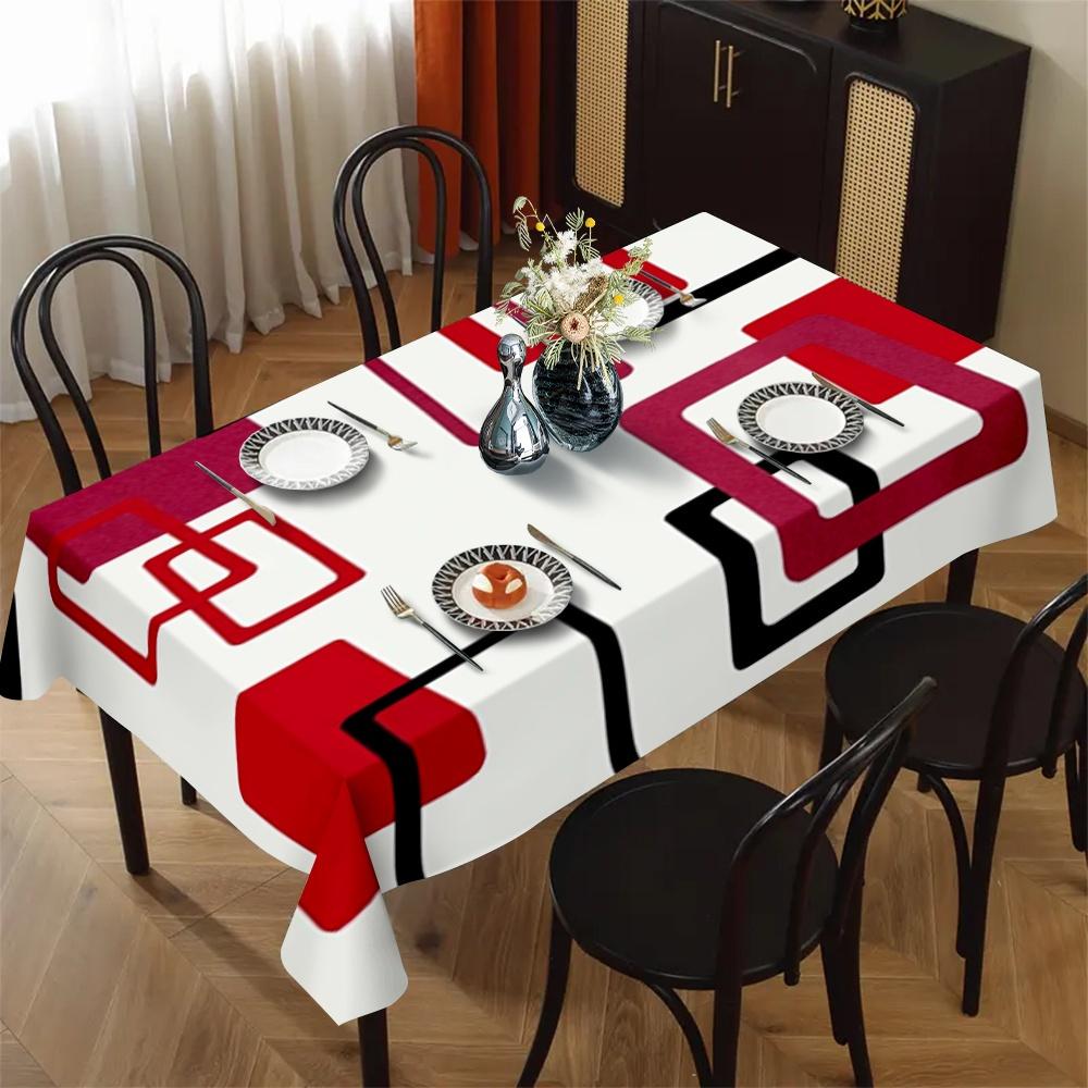 Nappe Rectangle Blocs de Couleurs Géométriques Rouge Noir pour Décoration de Table Art Abstrait Moderne Nappe Blanche Décoration de Fête de Fête 100x160cm