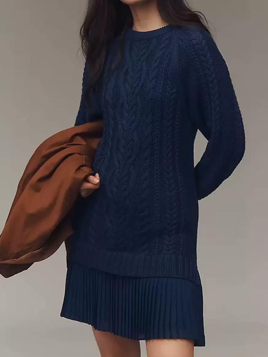 2026 Cable Knit Chiffon Patchwork Mini Dress with Sweet Temperament L темно-синий