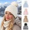 Windproof Knitted Pompom Beanie Twist Knit Thermal Winter Hat Rabbit Fur Beanies Hat  For Women