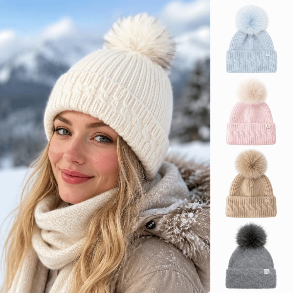 Windproof Knitted Pompom Beanie Twist Knit Thermal Winter Hat Rabbit Fur Beanies Hat For Women