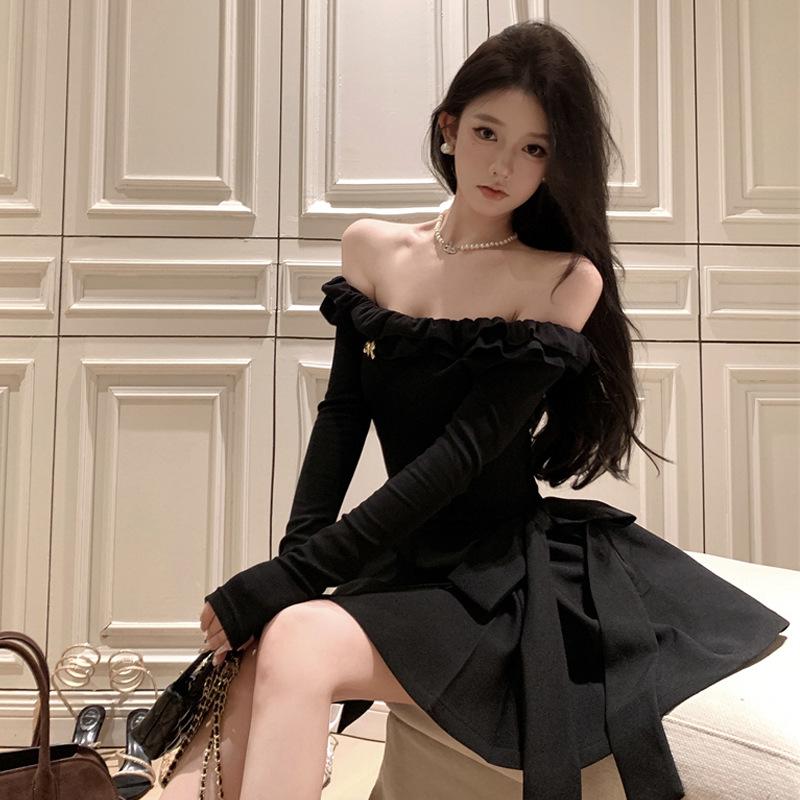 2025 Fashion Women's Black Bow Strap Waist Skinny Dress