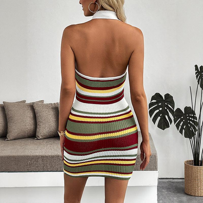 New Party Date Simple and Retro Style Slim Lapel Halter Striped Dress for Women In Summer
