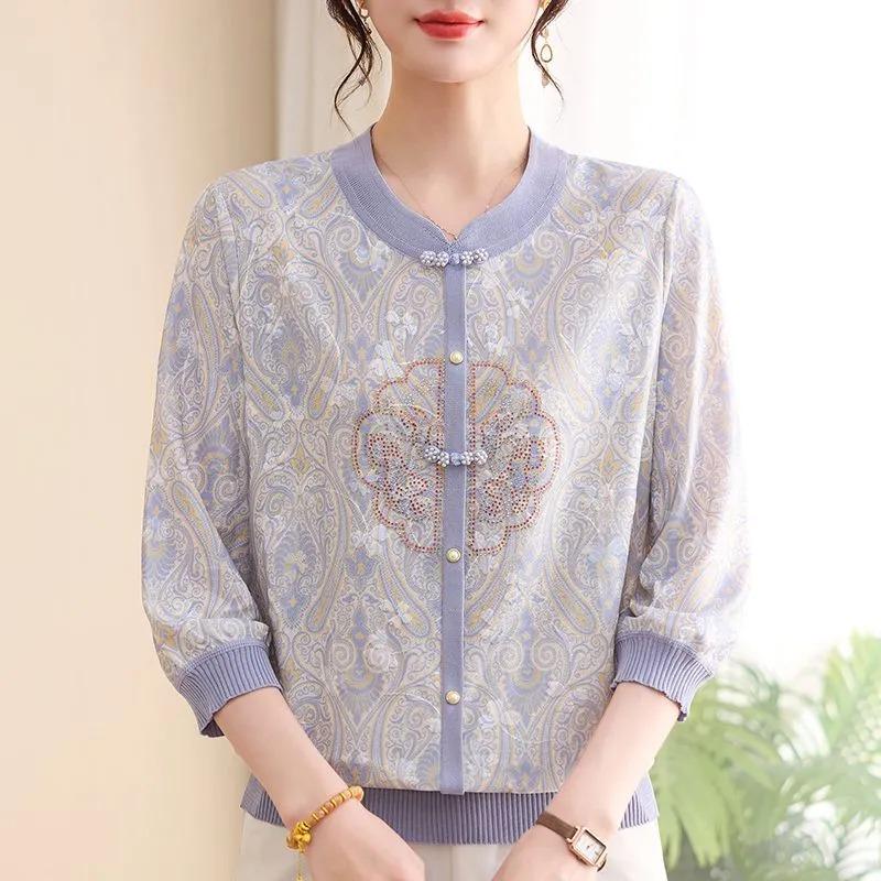 Womens Chinese Style Knit Blouse Floral Print 3/4 Sleeve Button Down Casual Top