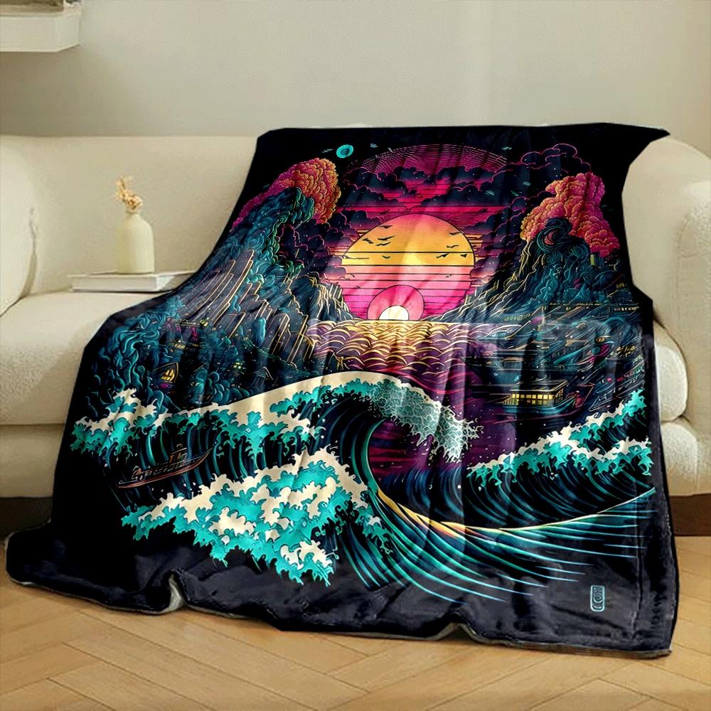Vibrant waves, neon sunset, clouds, and detailed cityscape converge. for all seasons blanket lunch break throw gift