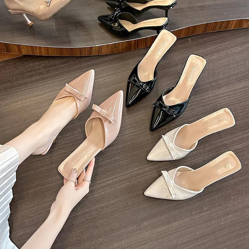 Elegant Pointed Toe French Style High Heel Slippers for Women Outdoor Wear Butterfly Knot Thin Heel Half Slippers Rubber Sole