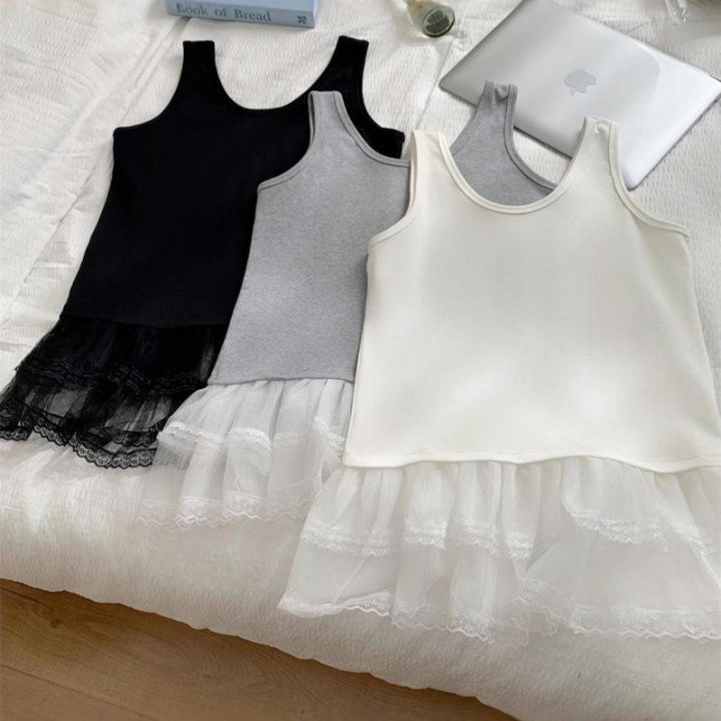 Double-Layer Lace Mesh Sleeveless Cotton Vest