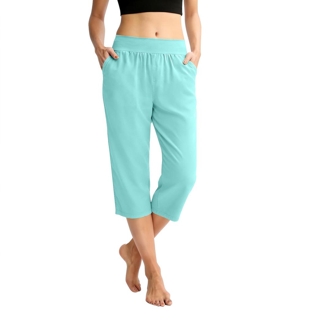 Women Elastic High Waist 3/4 Pant Casual Fit Wide Capris Leg Pants Trousers With Pockets