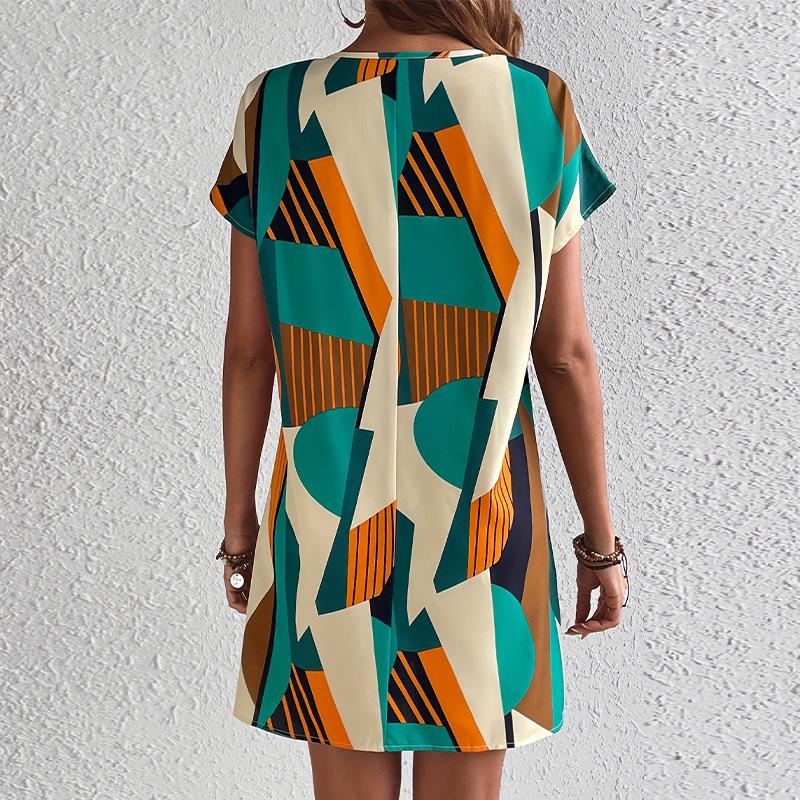 Women's Color-Blocked Holiday V-Neck A-Line Dress - European & American Style