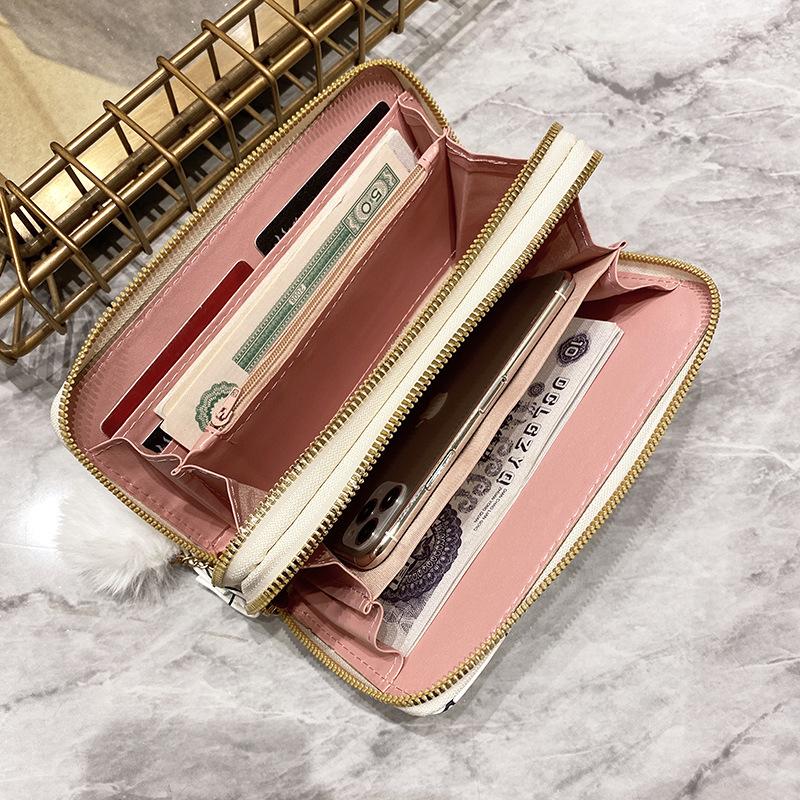 Women's Long Wallet New Multi-card Double Zipper Clutch Bag Rhombus Hairball Women's Wallet