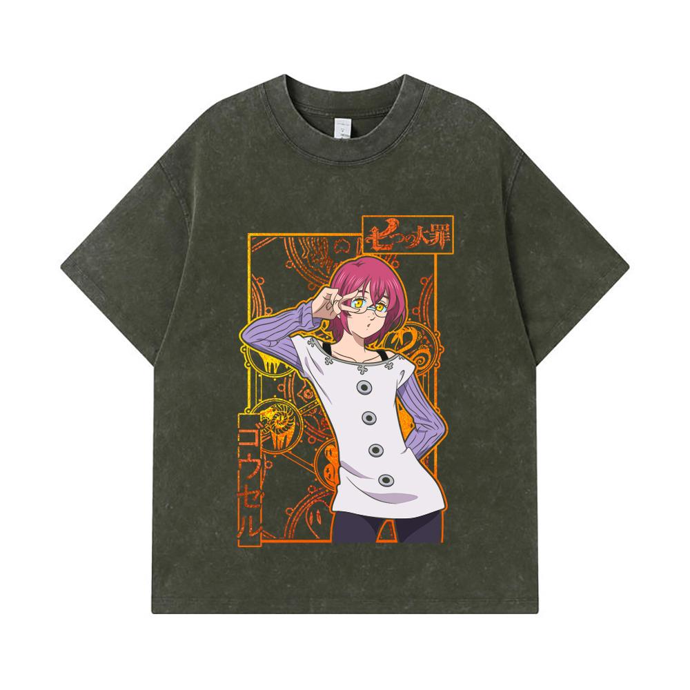 

275 GSM Washed T-shirts 100% Cotton Seven Deadly Sins V11 Gowther Print Unisex Heavy Cotton T Shirt S армия зеленый