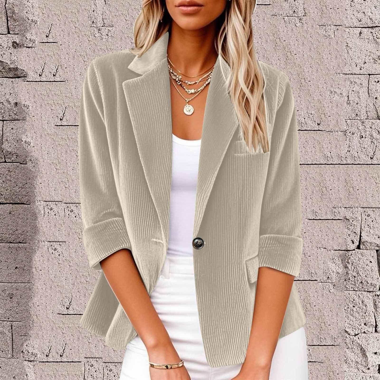 

Женские вельветовые блейзеры в стиле business casual, куртки с рукавом 3/4, открытые спереди, с лацканами, на пуговице, пальто для рабочего костюма XL хаки