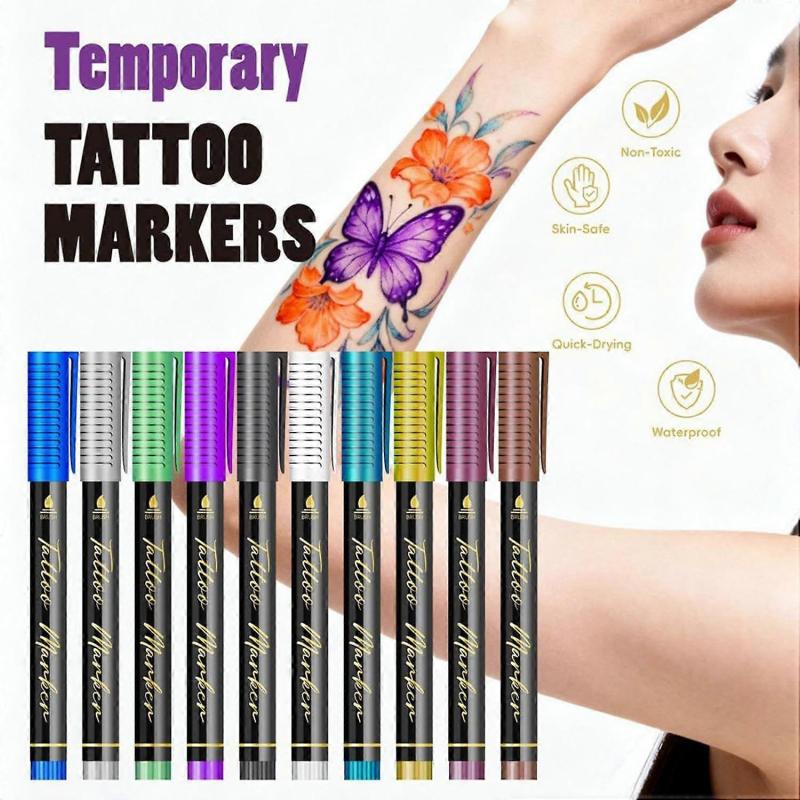 10 Color Temporary Tatto Pen,Temporary Tattoes Markers for Skin,Tatto Pen Kit,Washable Face Body Painting Kit,Adults Art Marker Pens for Party Festiva