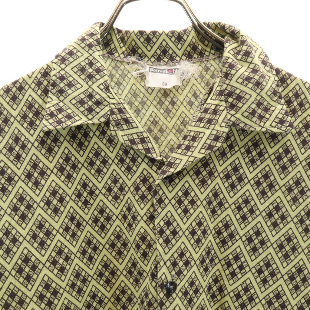 Vintage 70s EUR Argyle Pattern Short Sleeve Open Color Shirt Light Green Men's Used