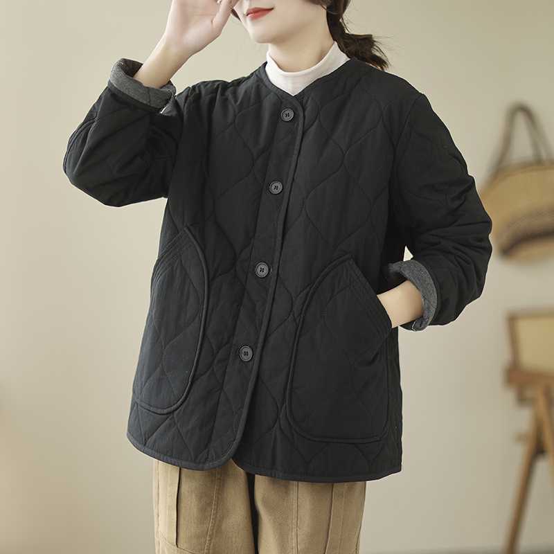 

Ретро Бавовняна Зимова Тепла Стьобана Куртка з Довгим Рукавом Жіноча Однотонна Ромбовидна Стьобана Куртка Коротка Куртка M чорний