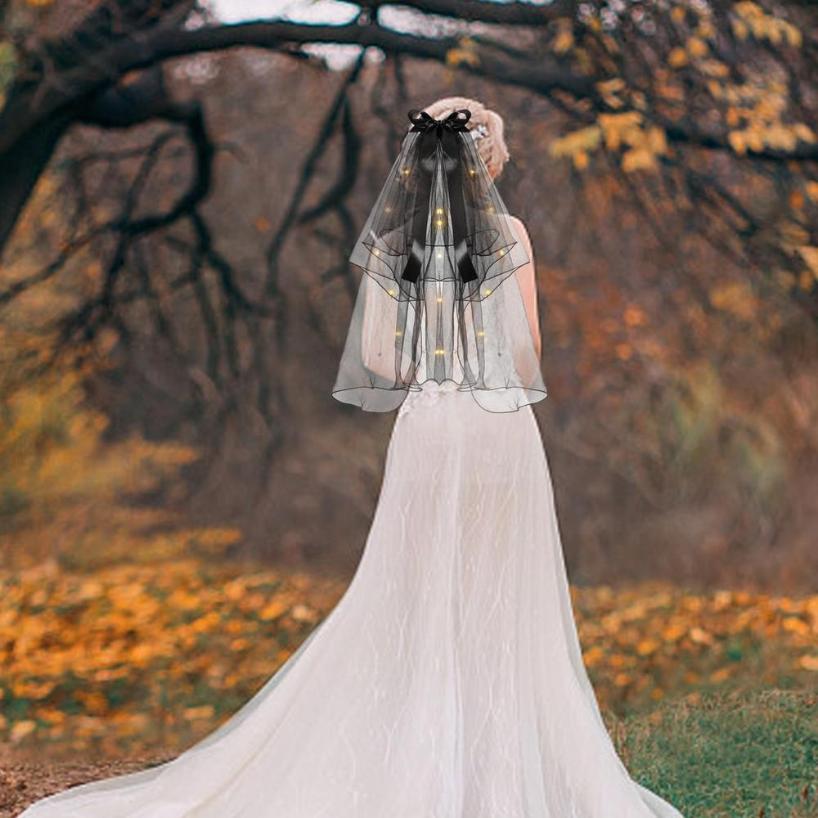 1 Pcs 2 Tier Veils For Brides Womens Layered Black Tulle Short Wedding Veil Veil With Bow Wedding Halloween Cosplay Party