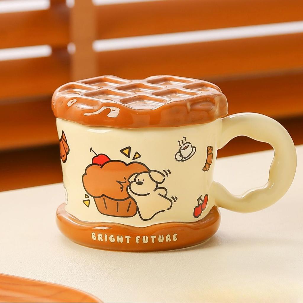 Waffle Cup Creative High Looking Cute Puppy Birthday Gift Souvenir Mug with Lid Ceramic Water Cup