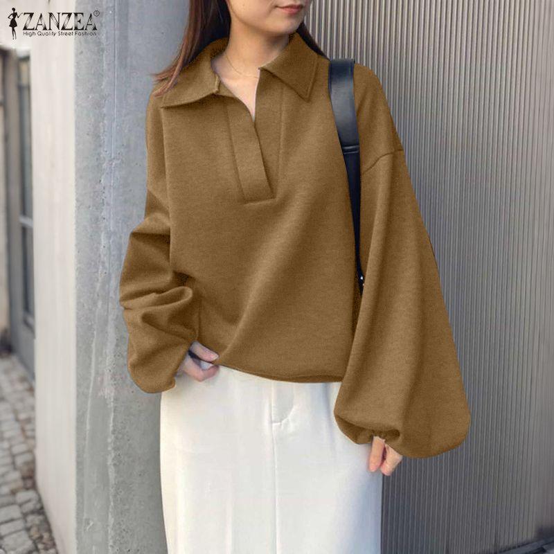 ZANZEA Women Casual Turn Down Collar Loose Long Sleeve Autumn Tee Tops