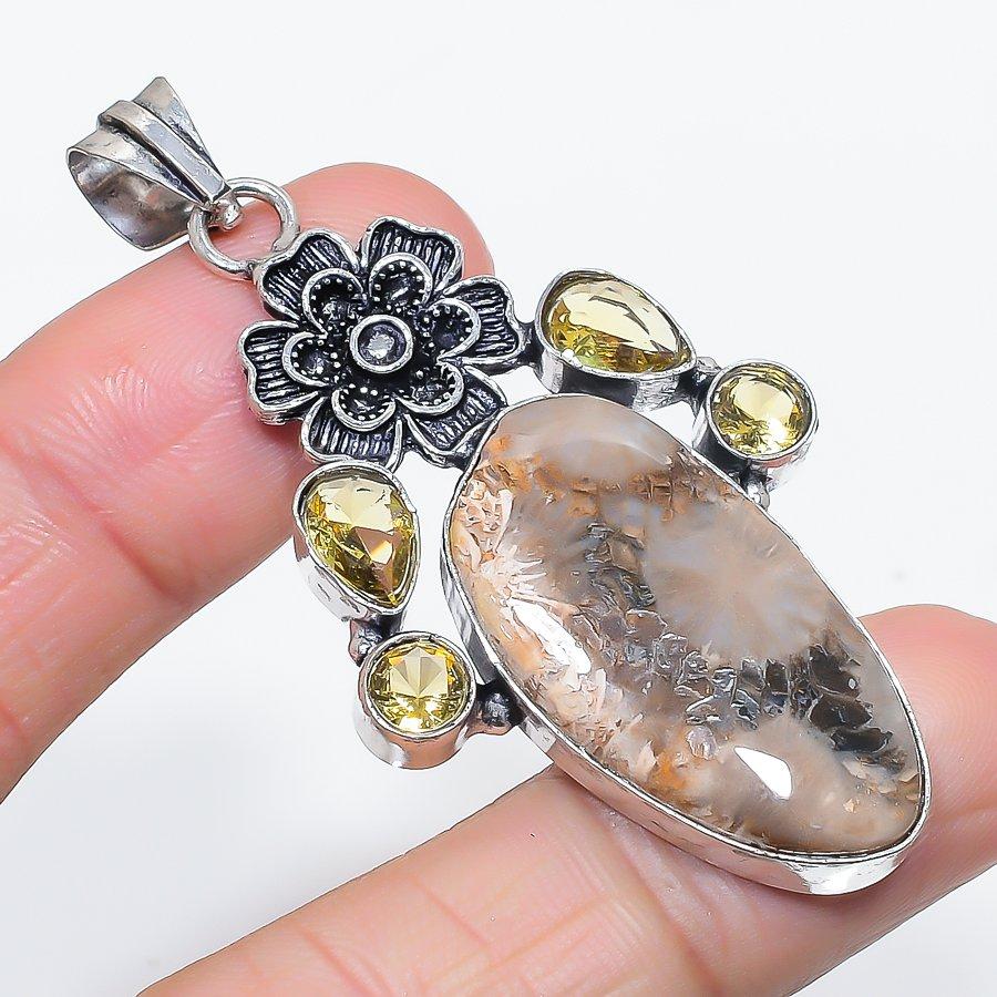 Natural Fossil Coral, Citrine 925 Sterling Silver Jewelry Pendant 2.56" Z3A72