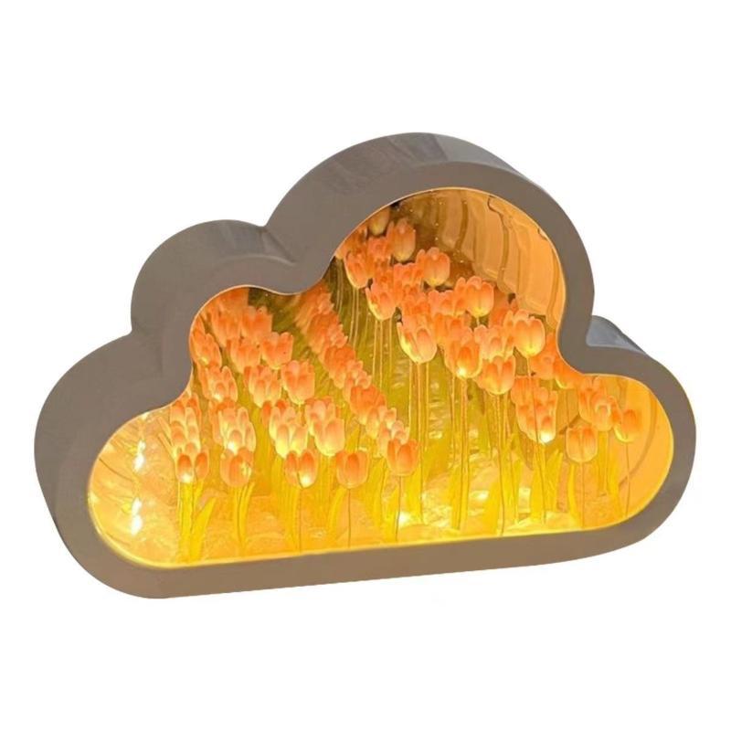 Cloud Shape Tulip Night Light Diy Handmade Flower Lamp Battery Powered Mirror Decor Table Lamp For Bedroom Gift