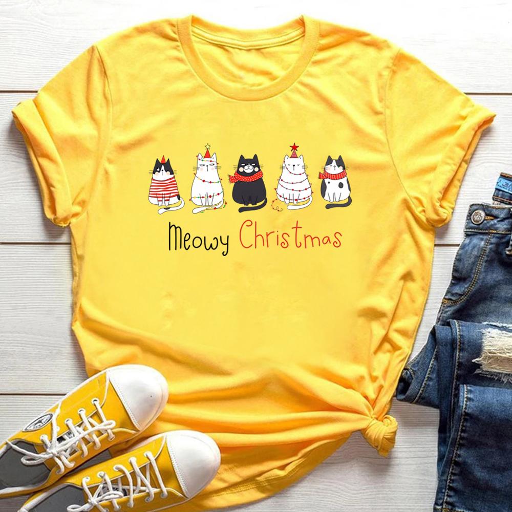 Meowy Christmas Shirt Christmas Cat TShirt Merry Christmas Cat Lover Tees Cute Cat Graphic Tee Christmas Gift for Cat Mom Tops