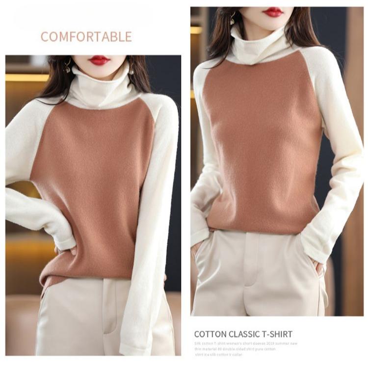 Autumn Women's Knitted Sweater Thin Long Sleeve Turtleneck Loose Knitted Bottom Shirt  Pullover Color-blocked Knit Top