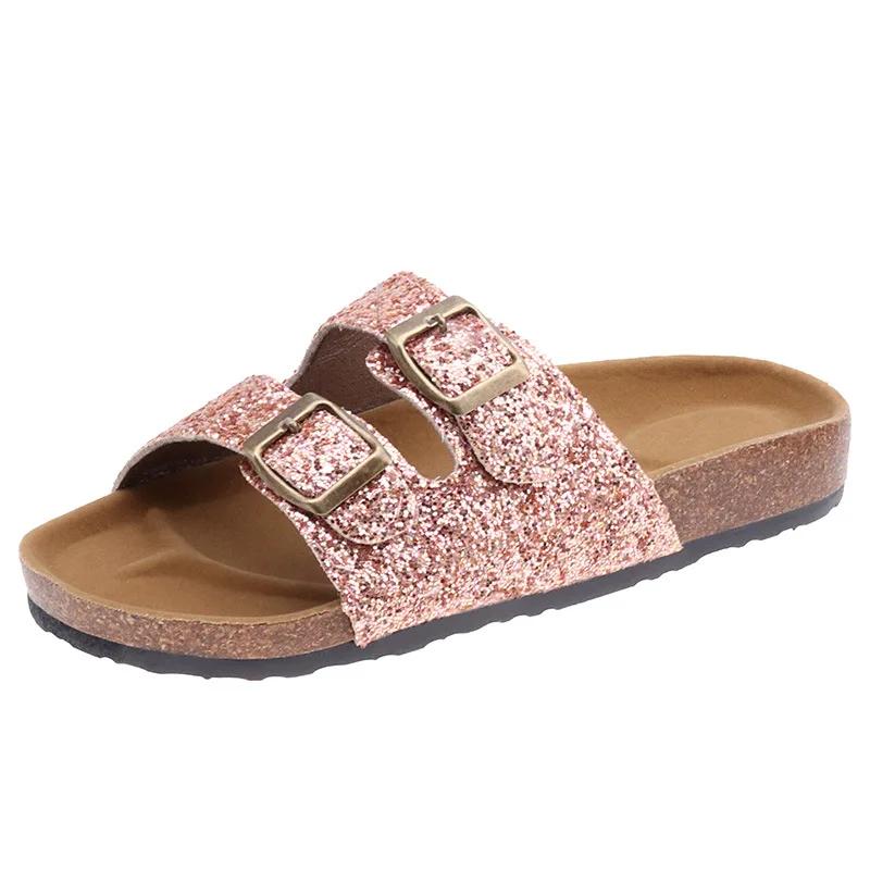2024 New Summer Trend Sequins Parent-child Children's Slippers Women's Double Buckle Flip Flops Cork Slippers Women's Sandals