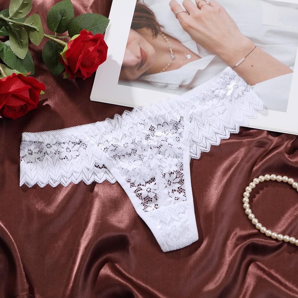 Women's Thongs Sexy Perspective Lace Flower Pattern Hollow Out Low-Waist Butterfly Knot Breathable Intimates Super Comfortable