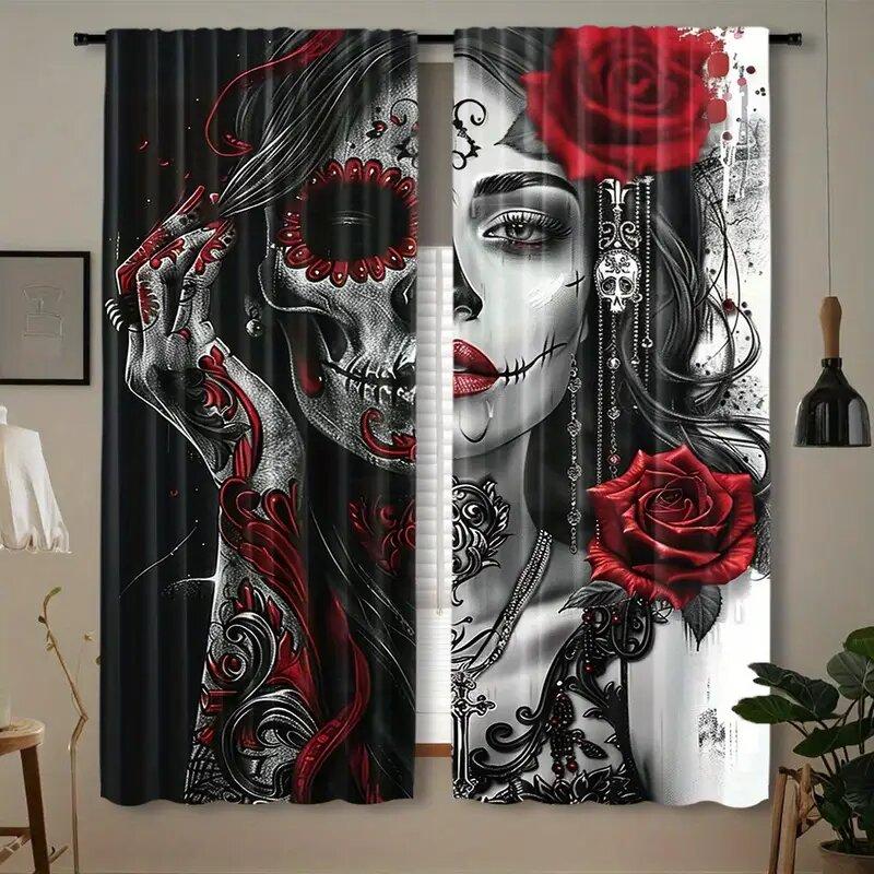 2pcs Gothic skeletons and red roses printed curtains   pole bag curtains   bedroom living room   home decoration   room decoration