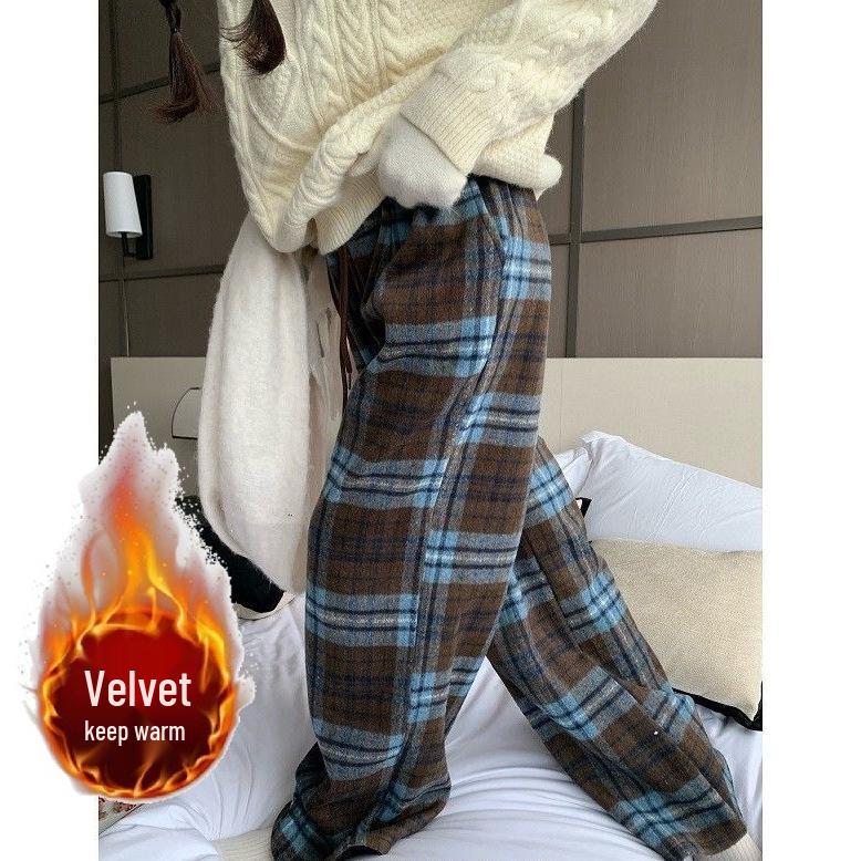 

Fleece-Lined Wool Blend Plaid Wide-Leg Pants - Warm, Casual, Versatile Winter Style M [Recommended within 105 lbs]