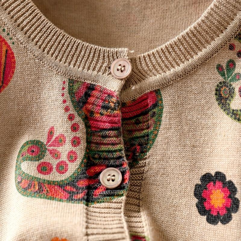 Johnature Women Vintage Knitted Sweaters O-Neck Long Sleeve Autumn Button Print Floral Female Loose Sweaters