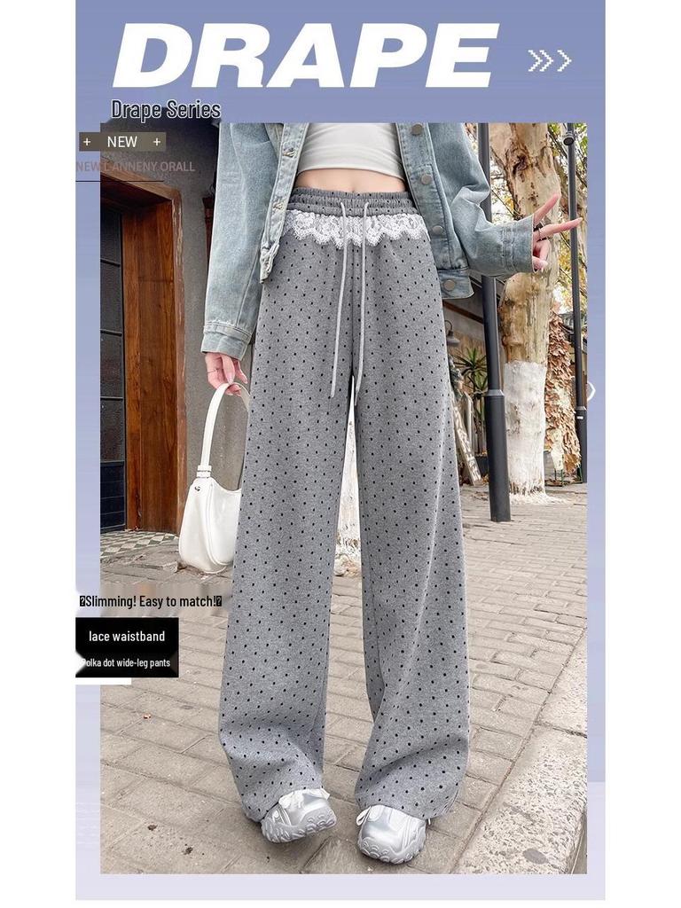 Women's High-Waist Polka Dot Lace Patchwork Wide-Leg Pants - Spring 2025 Collection
