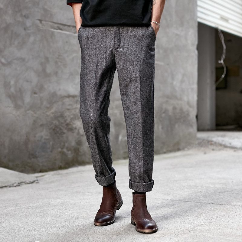 

Ретро Британская Шерсть Узор Ёлочка Европейские и Американские Повседневные Брюки Grey 2XL