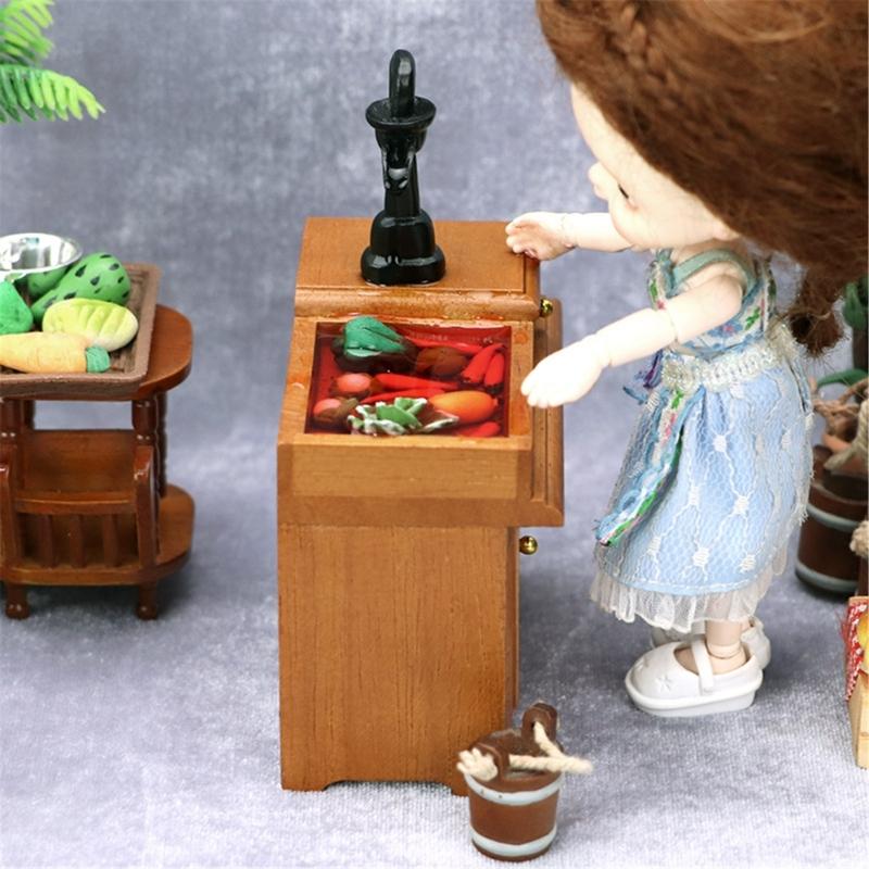 1/12 Miniature Sink Cabinet Wood Water Sink with Faucet And Storage Drawer For Doll House Kitchen Scene Decoration