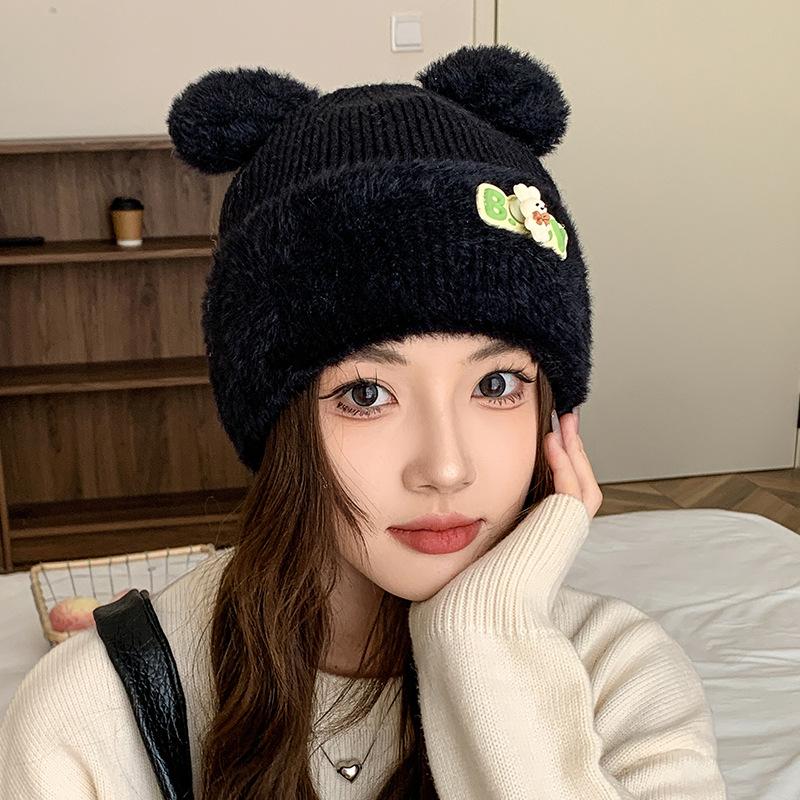 Cute plush bear hat women's autumn and winter warm versatile pullover cold hat fashionable thickened knitted ear protector wool hat