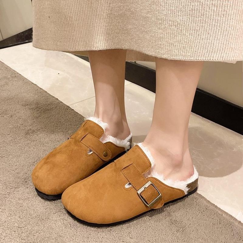 thick-soled plush shoes women's bag head half slippers wear new autumn and winter fashion retro thermal cotton slippers