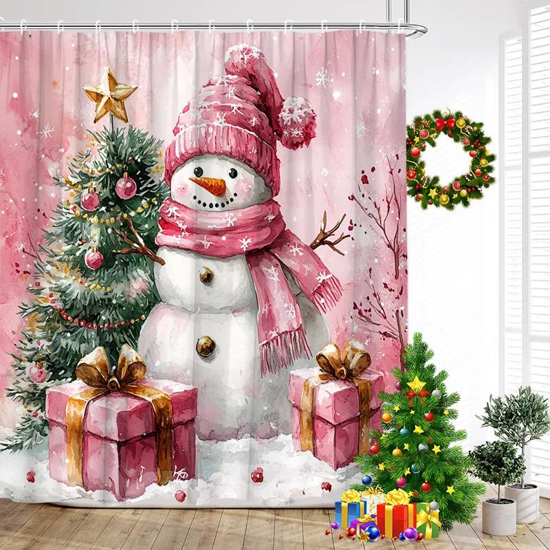 GAECute Blauer Schneemann Duschvorhänge Winterwald Zeder Schneeberg Neujahr Weihnachten Zuhause Badezimmer Vorhang Dekor Mit Haken