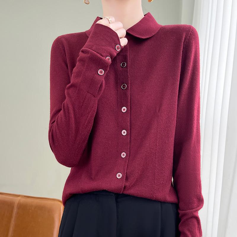 2025 Early Autumn Merino Wool Polo Collar Knit Cardigan, Long Sleeve Solid Color, Loose Fit Versatile Shirt